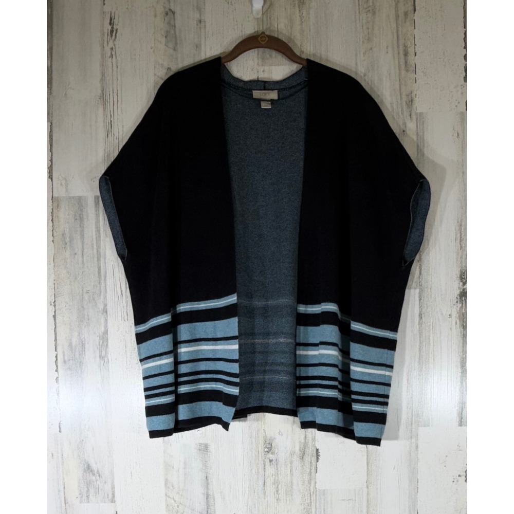 Loft Outlet Cardigan M/L Black Blue Striped Open Front Poncho Sweater Boxy Chic